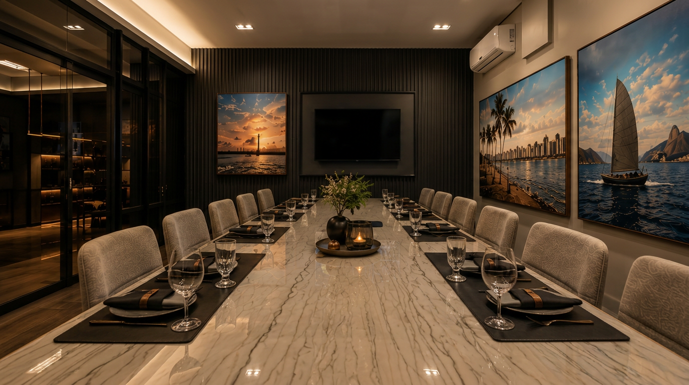 Sala privativa da Casa Bruno Lima com mesa de mármore posta com jogos americanos pretos, taças de vinho, decoração central e TV desligada